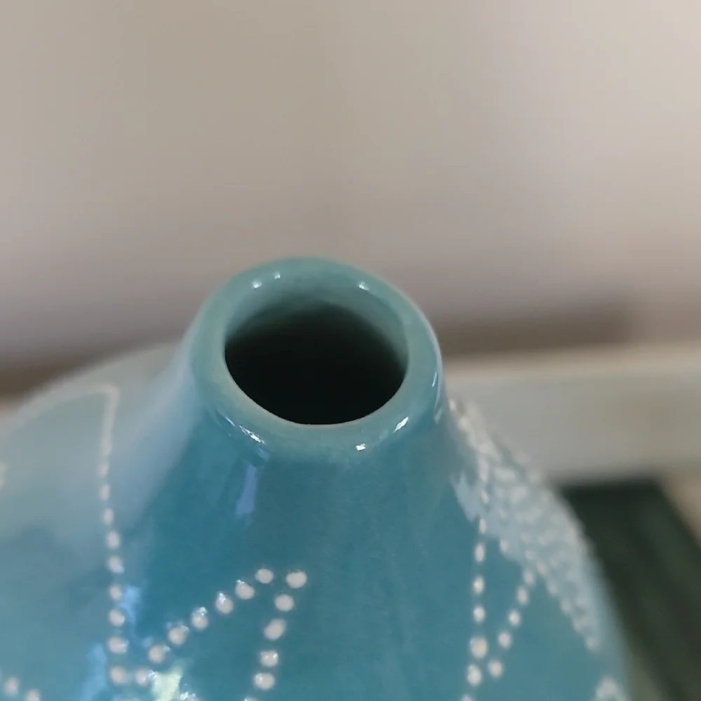 Crate&Barrel Teal Vase with White Dotted Floral Pattern